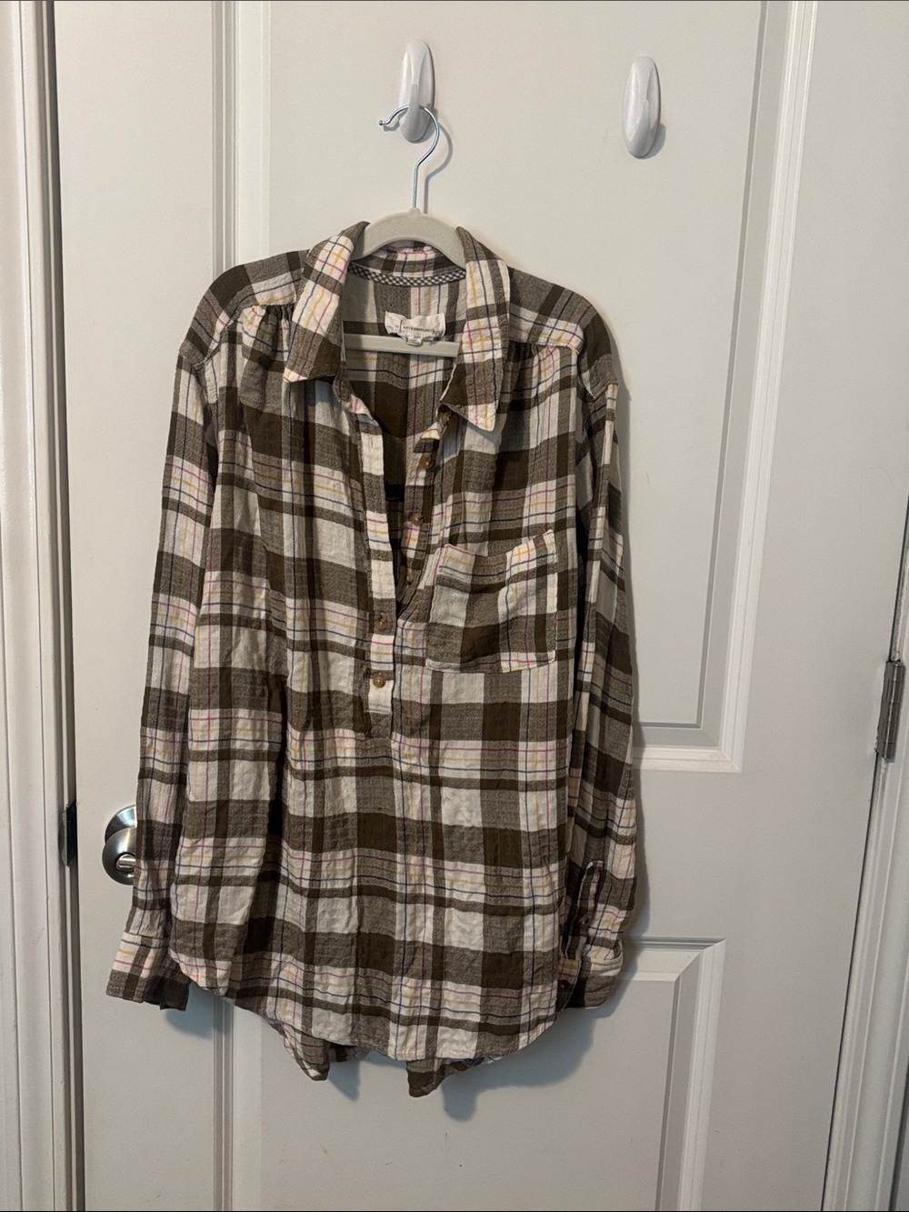 Anthropologie Brown, Cream & Pink Plaid Button-Down Shirt
